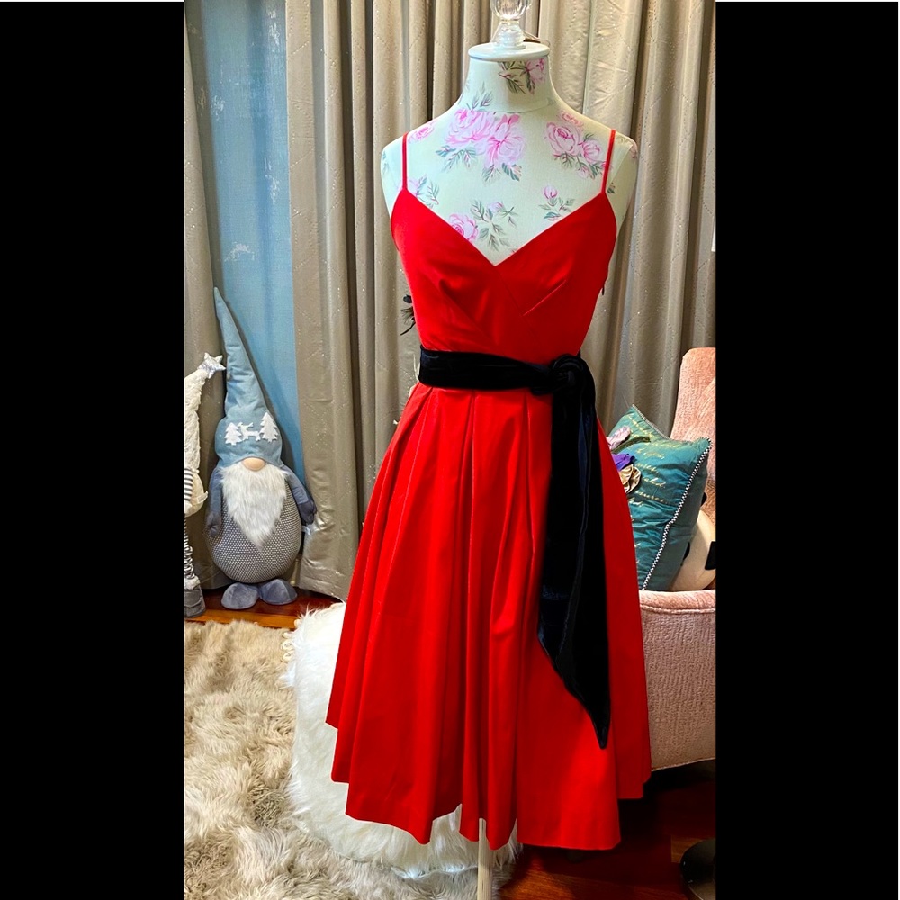 Stunning red satin dress with black velvet sash
